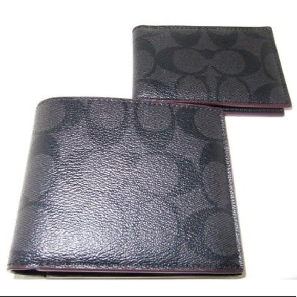NWT Coach F25519 Signature Canvas Compact ID PVC Men Wallet Black Oxblood $175